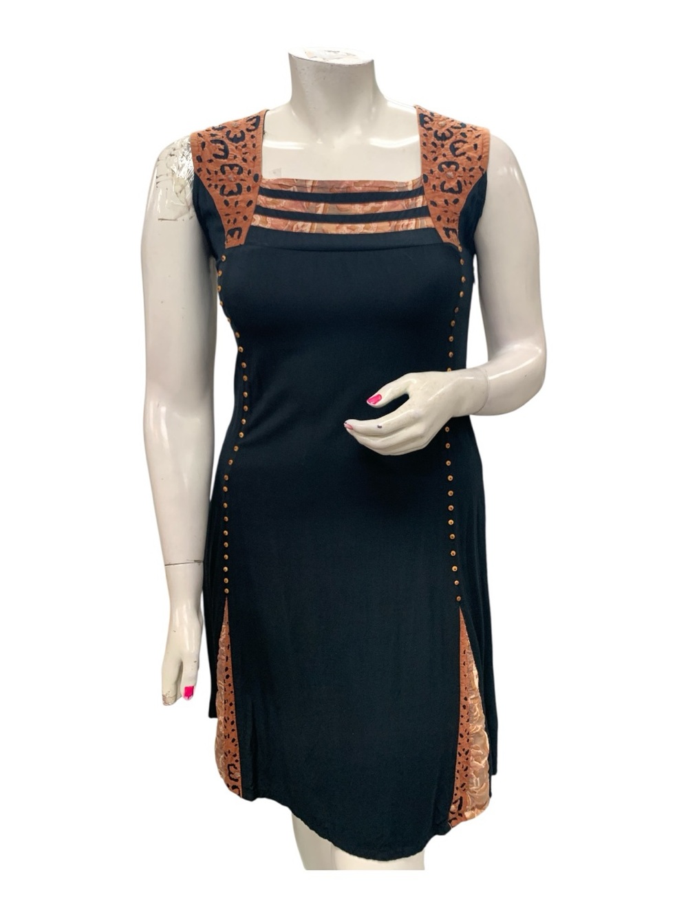Vintage Black Sleeveless Square-Neck Dress with Brown Trim